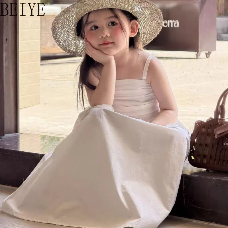 Girls White Spaghetti Strap Midi Dress Ruched Waist Daily Ruffle Flower A-Line Dress Kids Summer Beach Holiday Casual Sundress