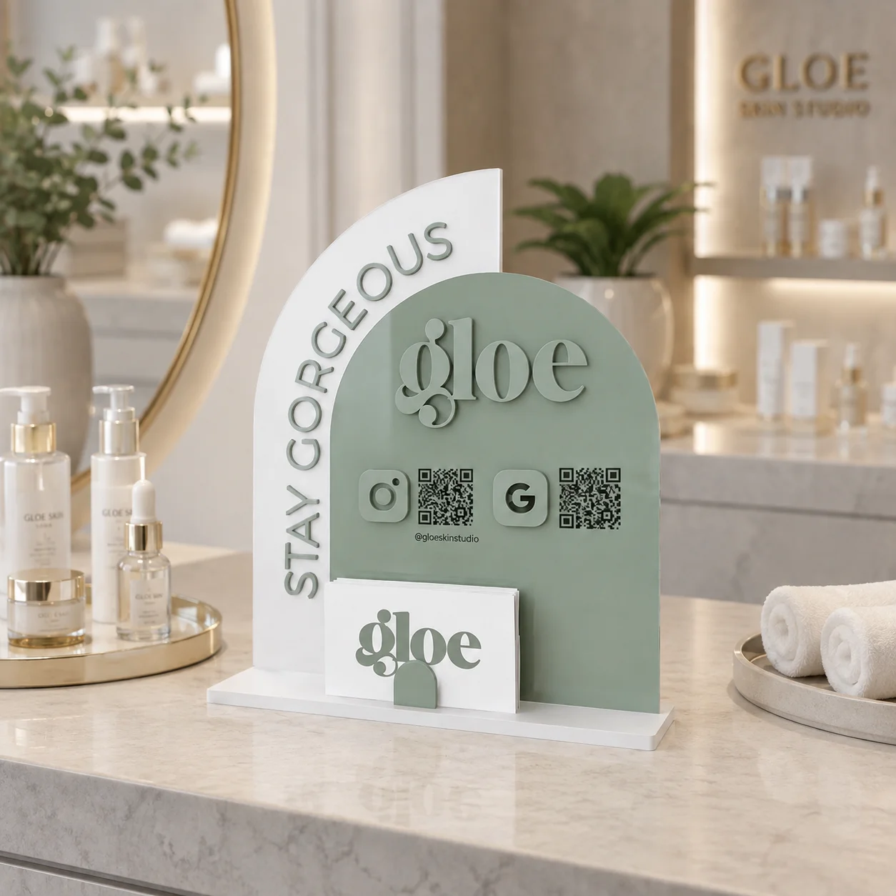 Custom Social Media QR Code Sign Green Acrylic Instagram Facebook Business Display with Logo - Business Card Holder