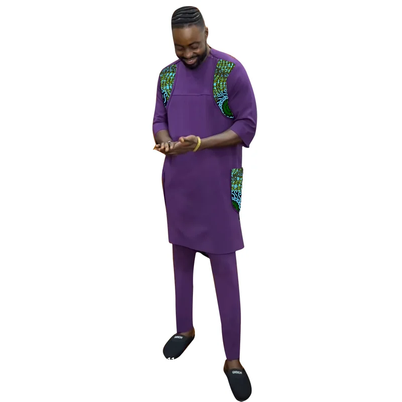 African Clothes Purple Men\'s Sets Patchwork Tops With Solid Color Pant Nigerian Fashion Male Tailor Made Wedding Garments