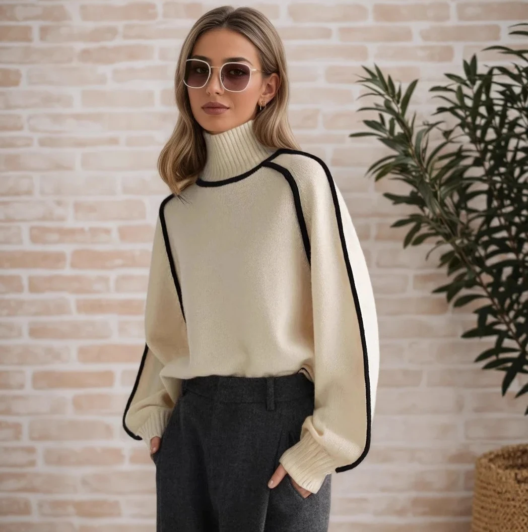 

Модный базовый свитер на осень-зиму с цветовыми акцентами, элегантный, с высоким воротом, офисный пуловер, однотонный, мягкий, с длинными рукавами, верхняя одежда
