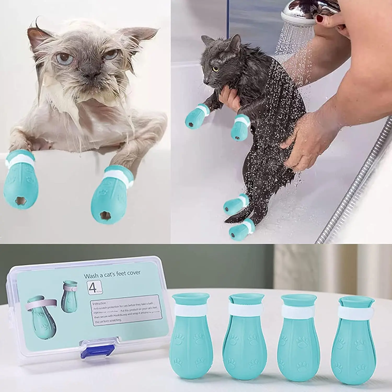 4pcs Adjustable Silicone Anti-scratch Cats Foot Shoes for Grooming Bath Washing Claw Paw Cover Protection Cat Grooming Supplies