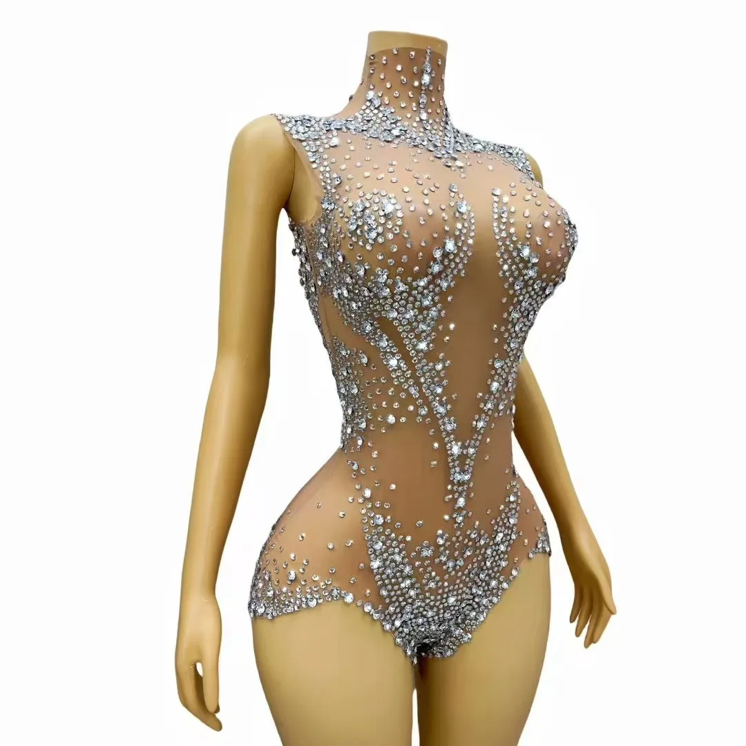 Sparkly Rhinestones Leotard Women Sexy Stage Mesh See Through Dance Performance Costume Singer Dancer Club Photoshoot Bodysuit