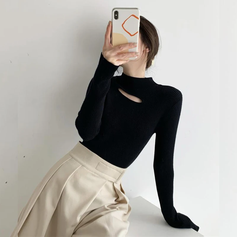 

Women's Slim Fit Knitted Top Half High Collar Hollow out Long Sleeve Base Shirt Office Style Winter Fashion Inner Wear