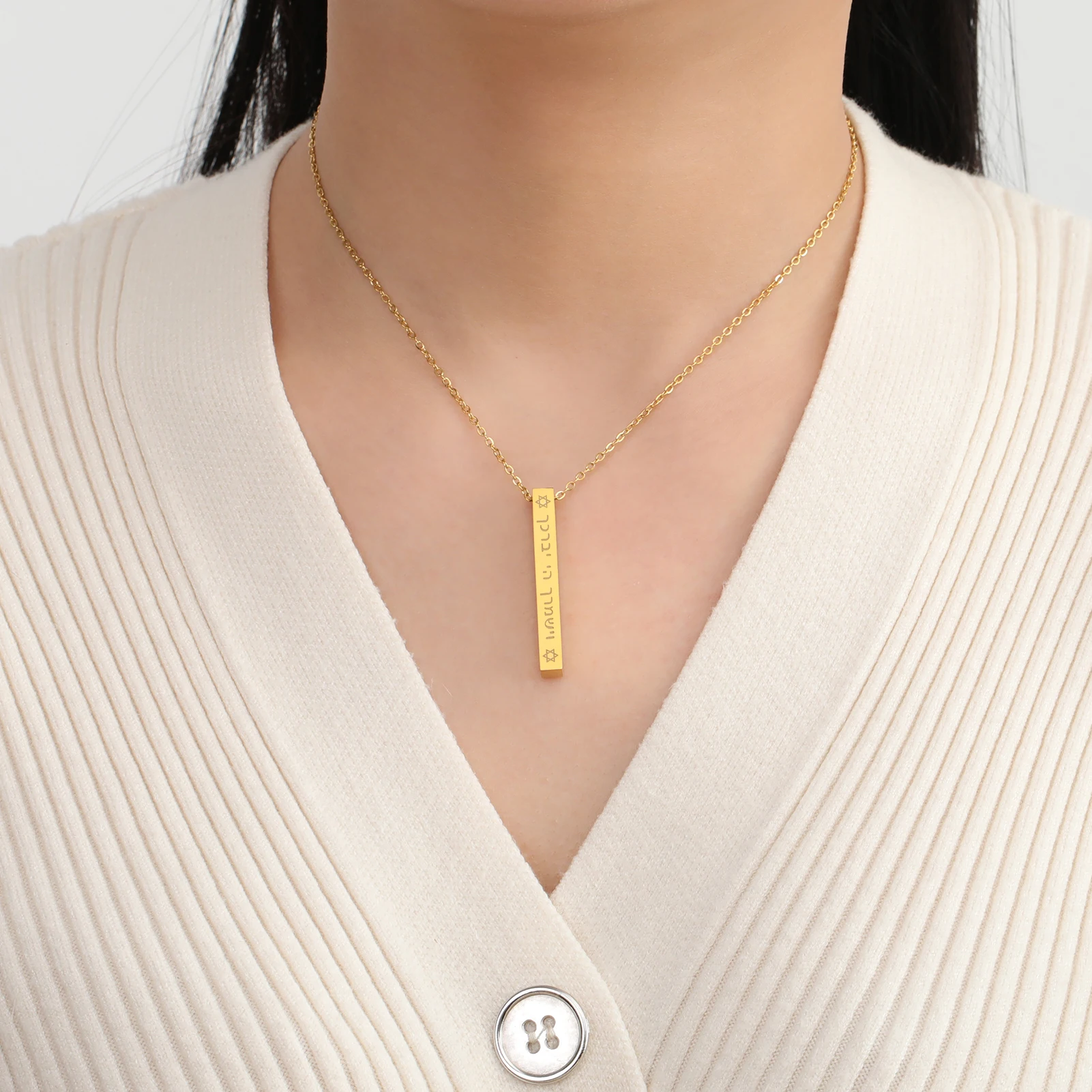 Kkjoy Simple Stainless Steel Gold Color Star of David Cuboid Stick Bar Necklace For Men Women Charm Waterproof Jewelry Gift