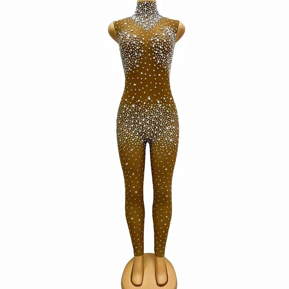 Sexy Stage Silver Rhinestones Brown Mesh Jumpsuit Leggings Birthday Celebrate Crystals Jumpsuit Outfit Dance Team Costume