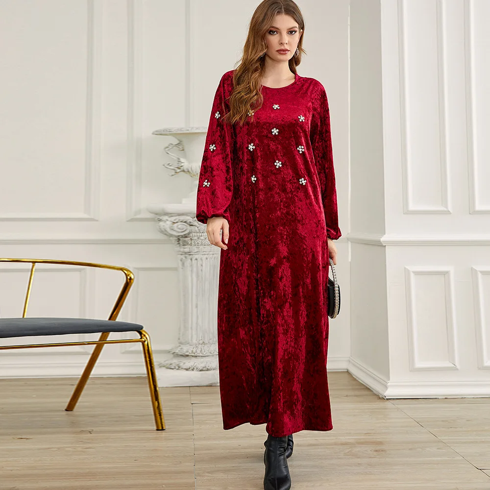 Vestido modesto de invierno abaya dubai de lujo Falda larga de terciopelo rojo oscuro ropa islámica sólida bata árabe invierno uae abayas BA717