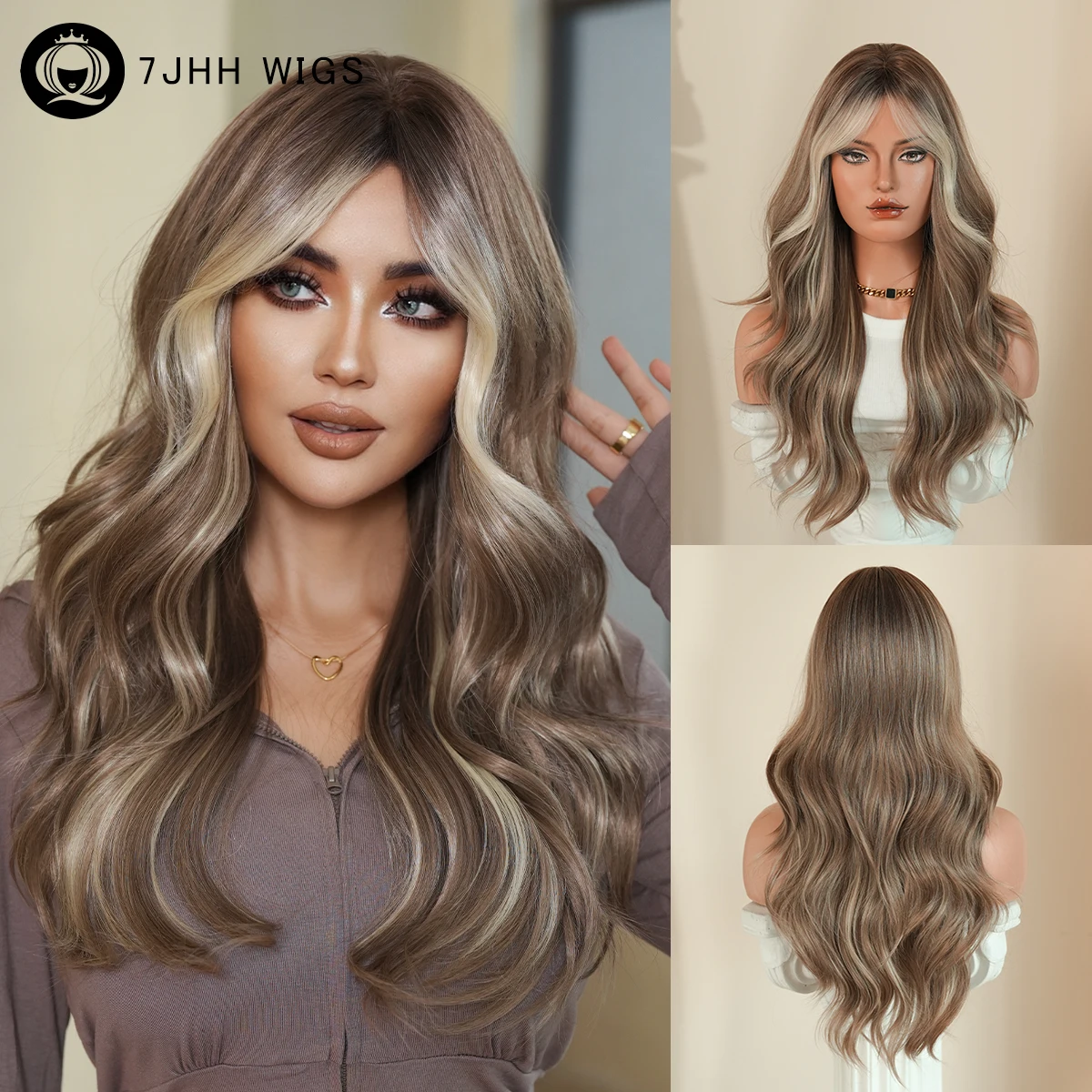 7JHH WIGS Long Water Wave Champagne Wig for Women Modest Fashion Synthetic Middle Part Wear and Go Chocolate Wigs with Dark Root