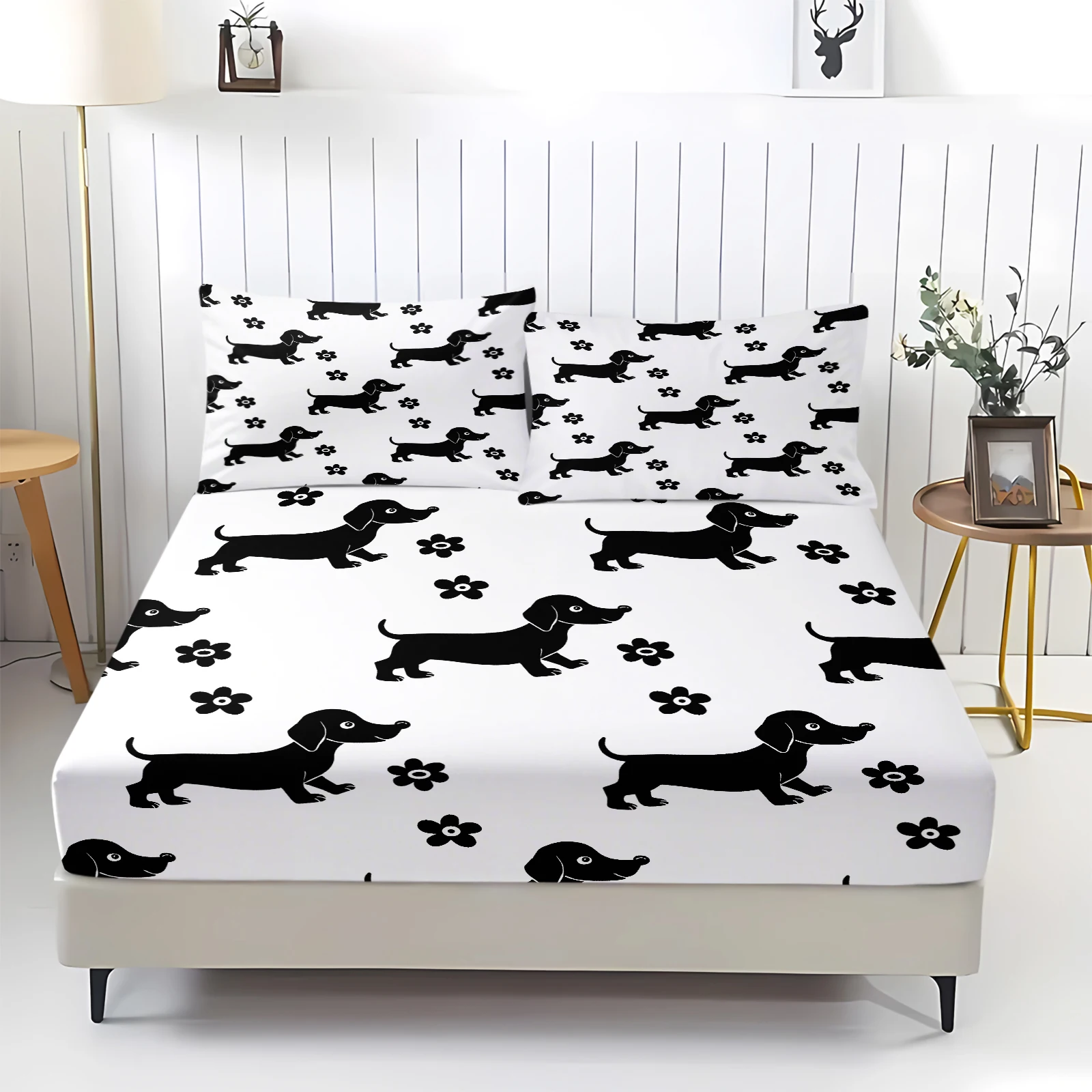 3Pcs Simple Black Dog Fitted Sheet Set, White Background Daisy Pattern Bedding, Cozy Non-Slip Sheets for Bedroom