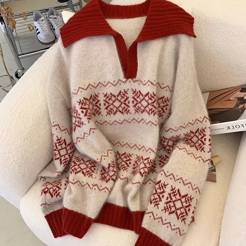ジャカード甘いクリスマスレッドセーター女性韓国ヴィンテージクラシック長袖プルオーバー長袖シックなフェイクミンクフリーストップ