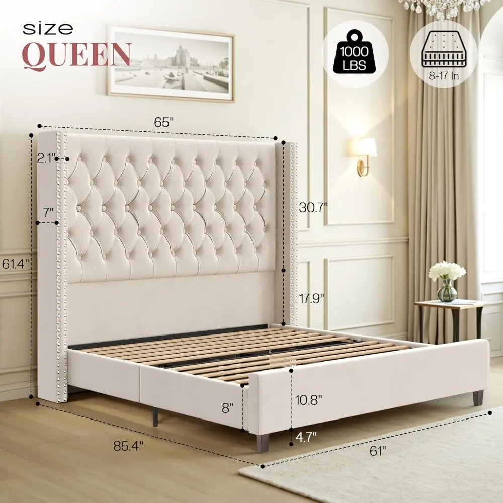 هيكل سرير بحجم كوين من بابجيت مع لوح رأسي بطول 61.4 بوصة، سرير معنقدة حديث مخملي للبالغين، زر عميق مصنوع يدويًا #2