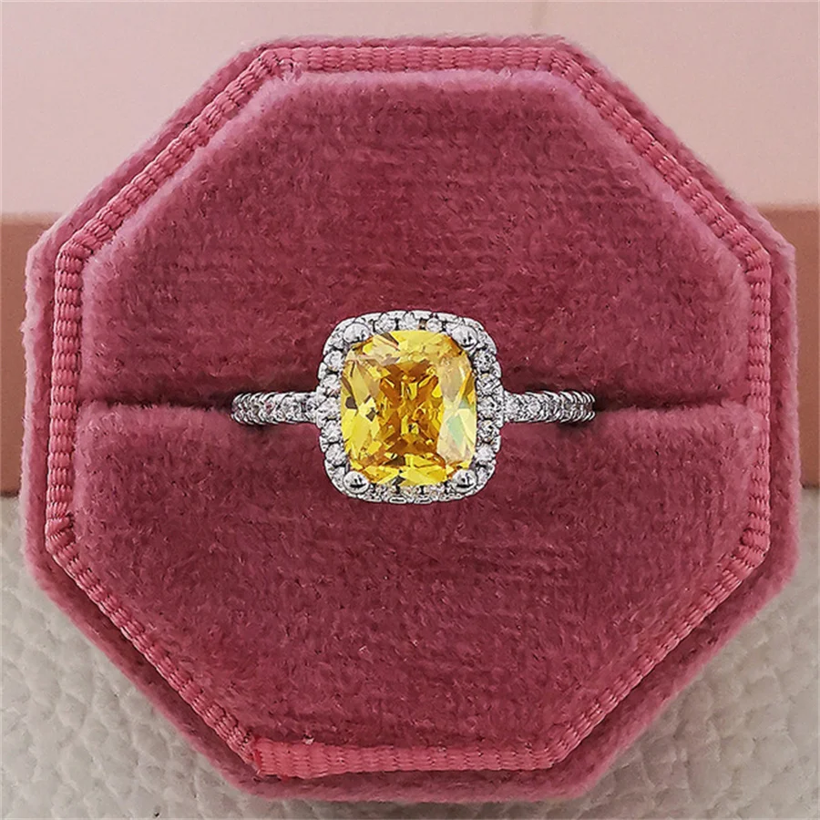 CC Rings For Women Yellow Square Stone Sterling Silver Color Wedding Engagement Ring Bridal Jewelry Anillos Mujer CC594