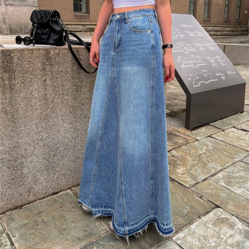 

REALEFT Summer Vintage High Waist Denim Women's Long Skirts Pockets 2025 New Single Button Washed A-line Jeans Skirts Female