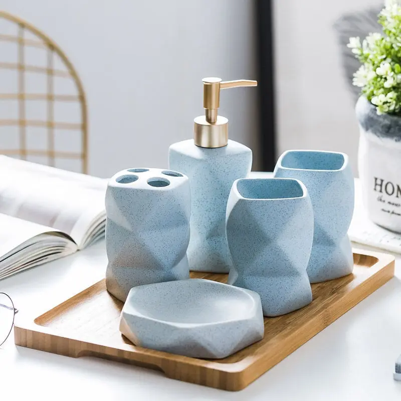 Luxury Bathroom Ceramic Five-piece Set Mouthwash Cup Toothbrush Holder Bathroom Accessories Geometric Lotion Bottle Soap Dish