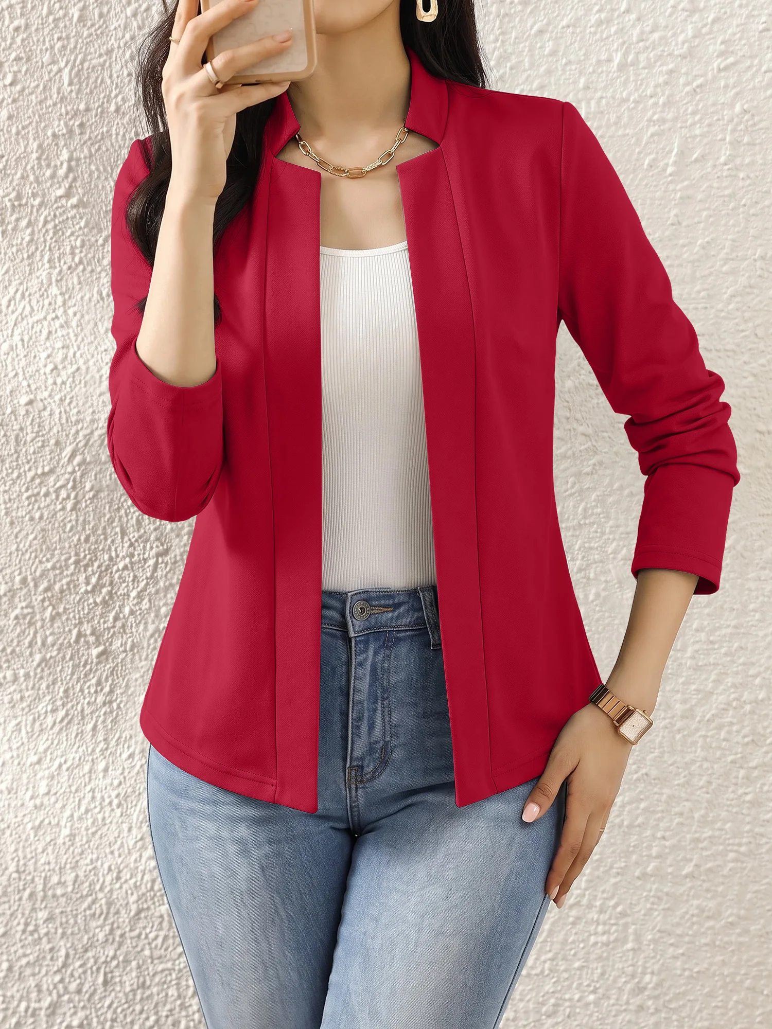 Ladies Office Slim Fit Blazer Stand Collar No Closure Long Sleeve Work Jacket Solid Wine Red Outerwear For Commuting