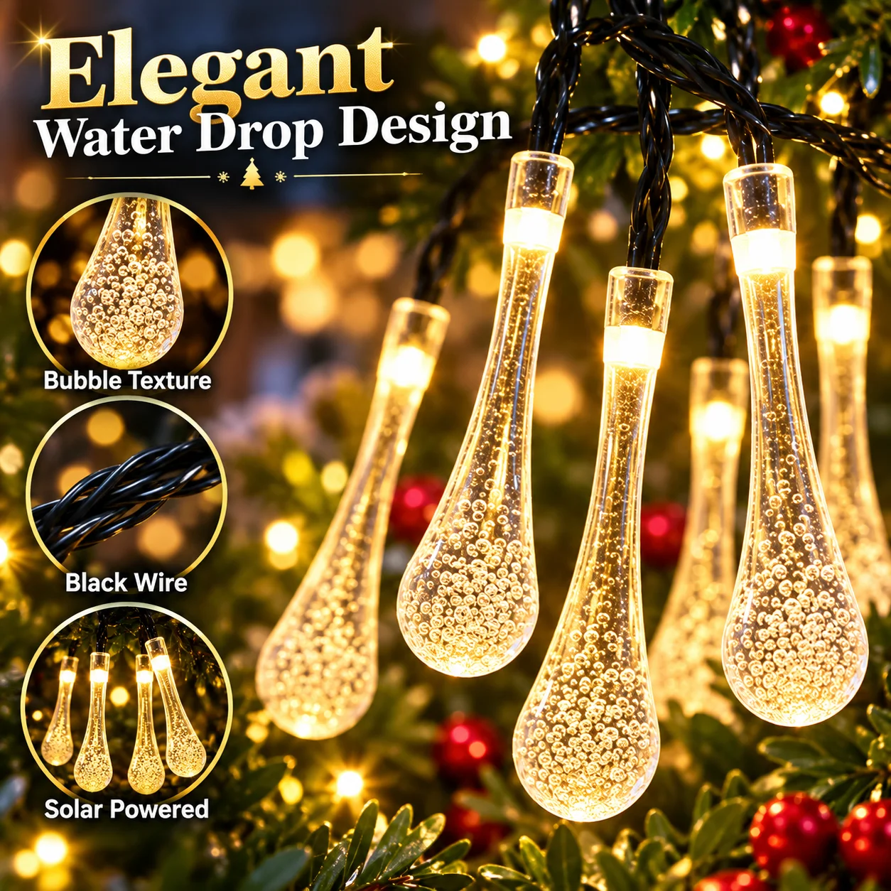 Christmas Water Drop Lights Solar Raindrop Fairy String 20LED/50LED 8 Modes Auto On for Tree Garden Patio Party Holiday Decor