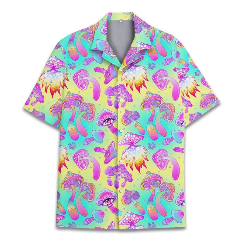 Colorful Mushroom Hawaiian Shirt For Men 3d Print Summer Short Sleeve Button Up Vacation Aloha Shirts Mens Oversized Tee Shirt