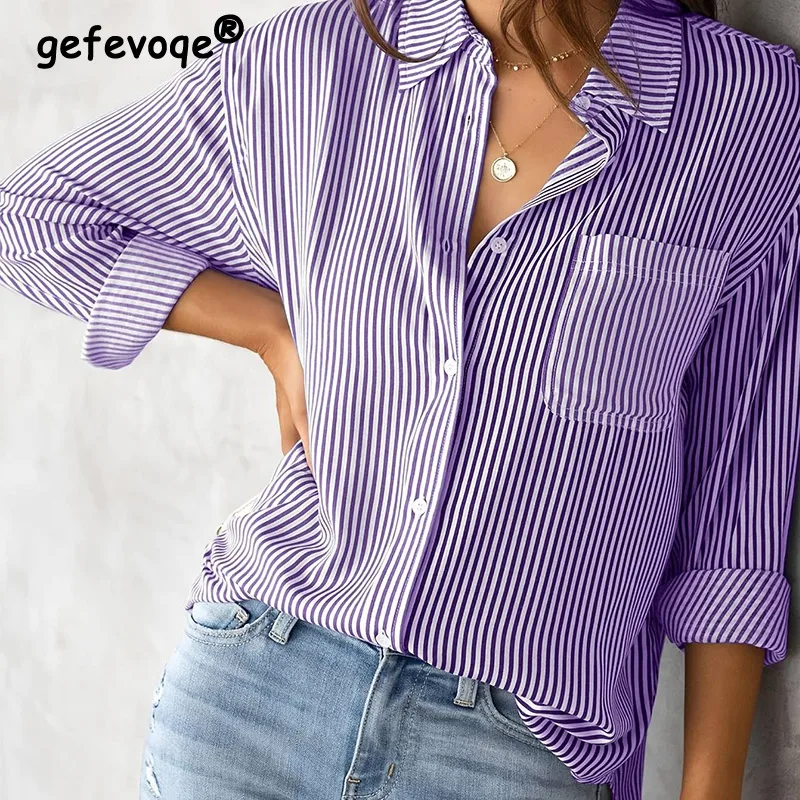 Spring Summer Polo-neck Striped Printed Blouse Female Long Sleeve Loose Casual Fashion All-match Top Women Vintage Elegant Shirt