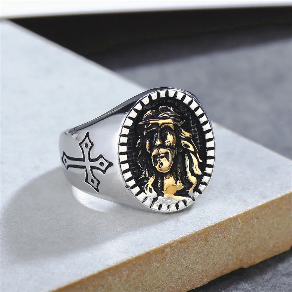 

High Quality Stainless Steel Jesus Ring Men Religious Believers Jesus Christian Cross Ring Biker Fashion Jewelry Amulet Gift