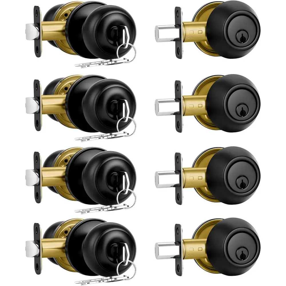 

4 Pack ront Door Lock Set,Matte Black Exterior Door Lock Set with Deadbolt,Single Cylinder Deadbolt Lock and Door Knob Set,Keyed