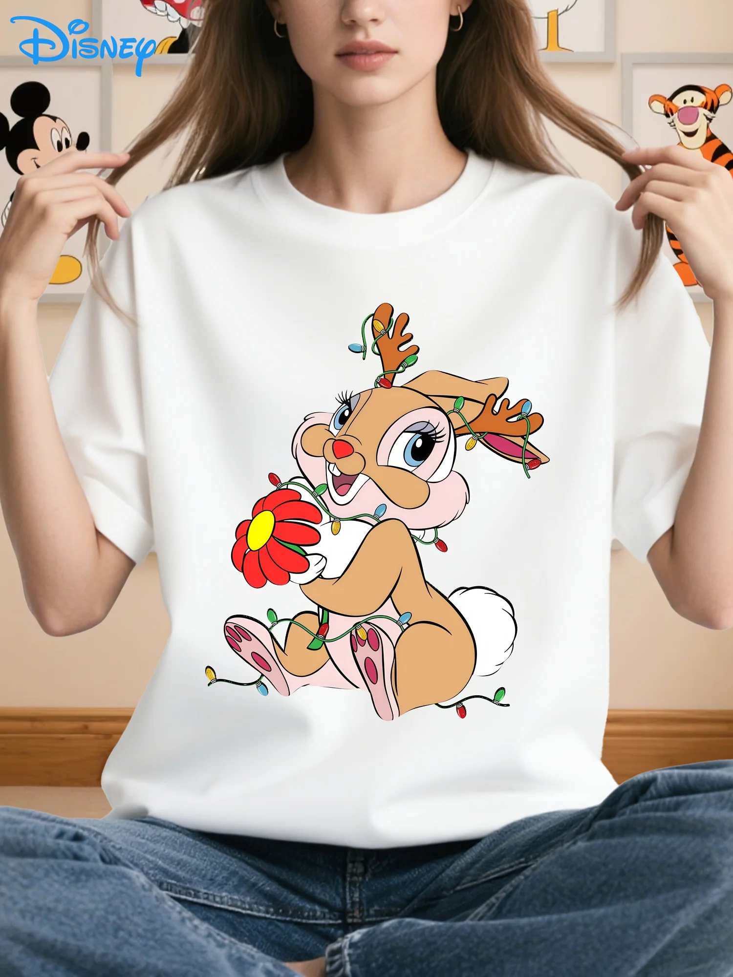 Women's Disney Rabbit Reindeer Antlers & Flower T-Shirt - Short Sleeve Casual Summer Top with Bambi's Iconic Ears