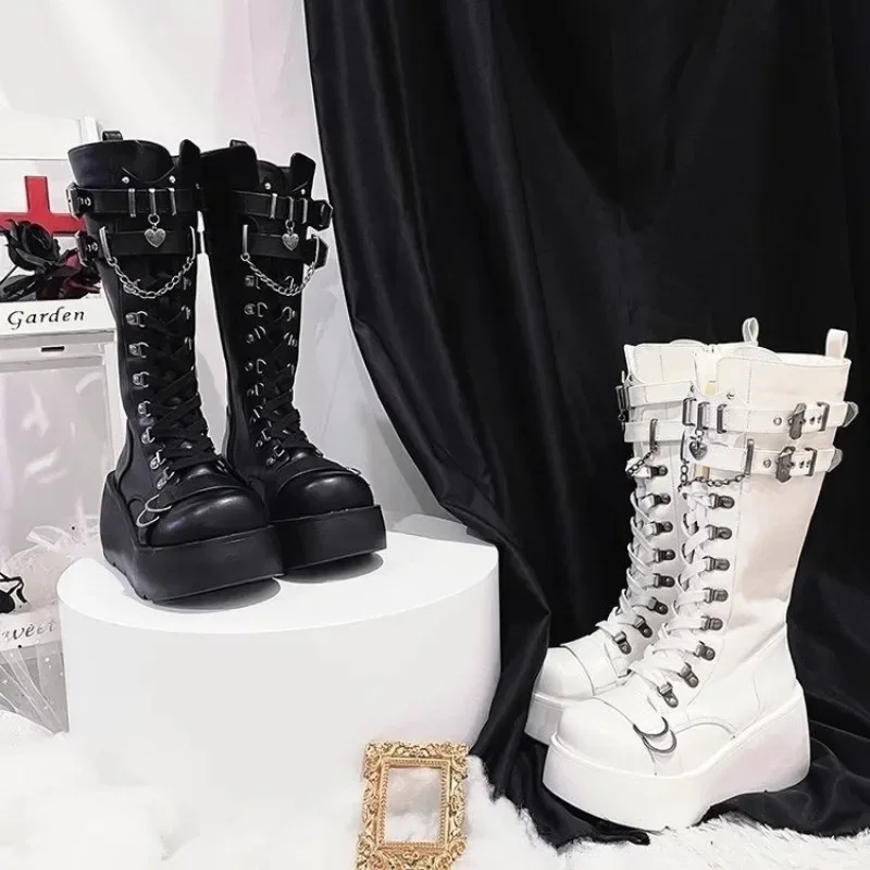 Motorcycle Boots Platform Boots for Women Wedges Knee High Black Lace Up Fashion Goth Gothic Boots Punk Shoes Girls Winter