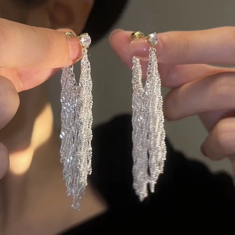 1Pair Long Tassel Glitter Shiny Drop Earrings for Women Fashion Long Chain Dangle Earring Wedding Party Jewelry Gifts
