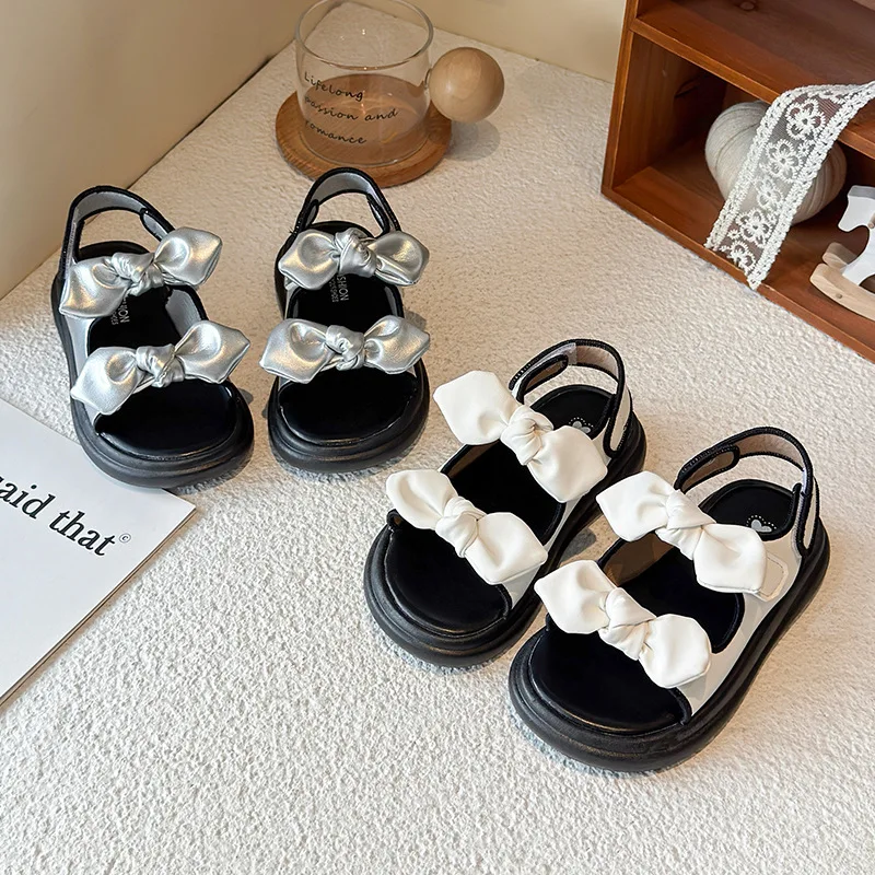 

Children's Silver Bow Sandals Girls New Summer Kids Princess Shoes Casual Beach Roman Sandals