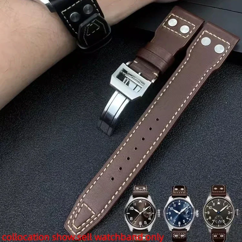 For IWC Pilot Spitfire princekin Mark dermis watch strap 20mm 21mm 22 Black brown   cowhide wristband Folding buckle   watchband