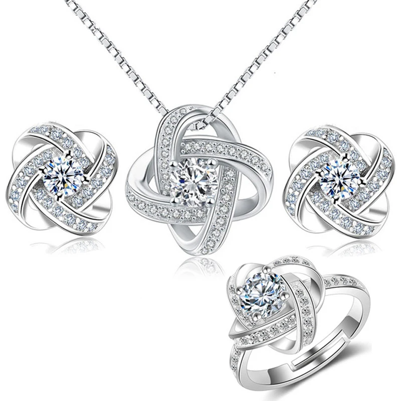 925 Sterling Silver Jewelry Set For Women Forever Love Twist Flower Zirconia Knot Necklace+Earring+Ring Wedding Bijoux de Prata