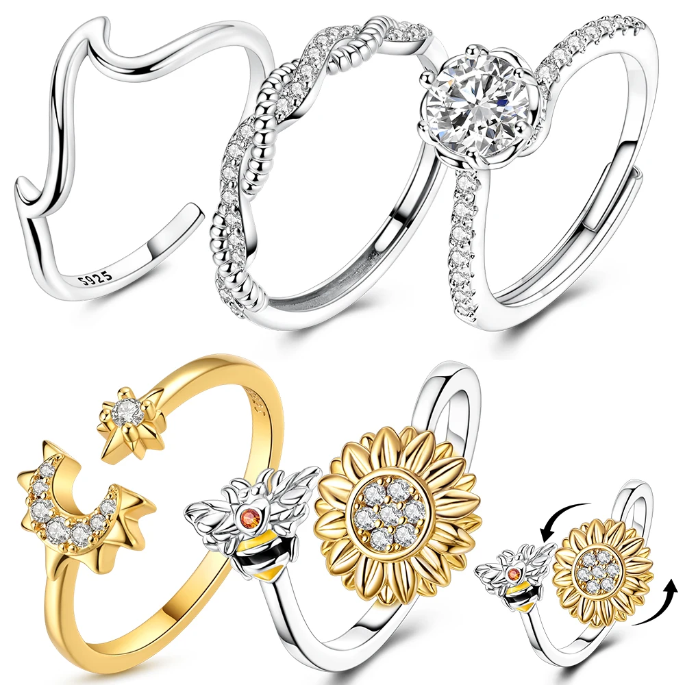 Open Ended 925 Sterling Silver Round Zircon&Sunflower&Bee&Fried Dough Twists&star Moon Ring Ladies Shining Jewelry