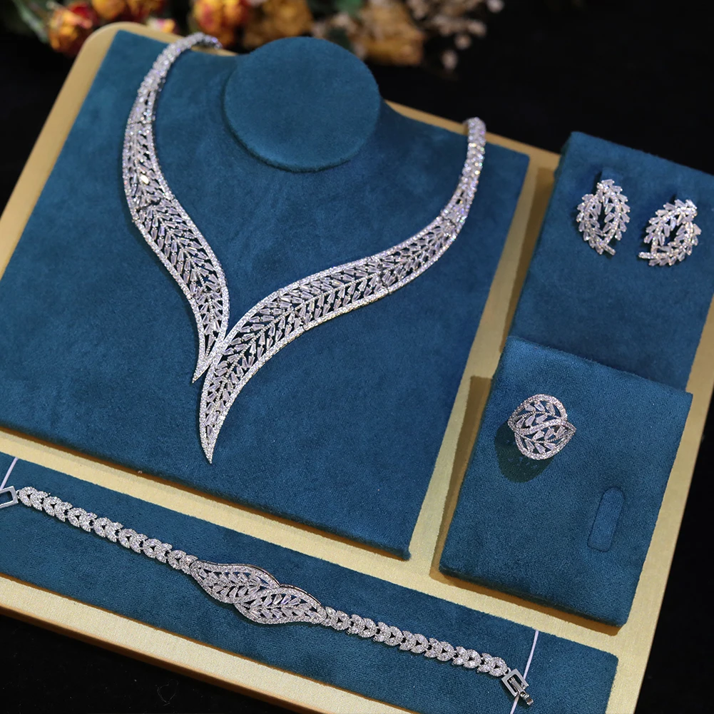 Luxury Cubic Zircon Leaf Shape Silver Color and Multicolor Bridal 4pcs Jewelry Sets Engagement Marry Wedding Accessories