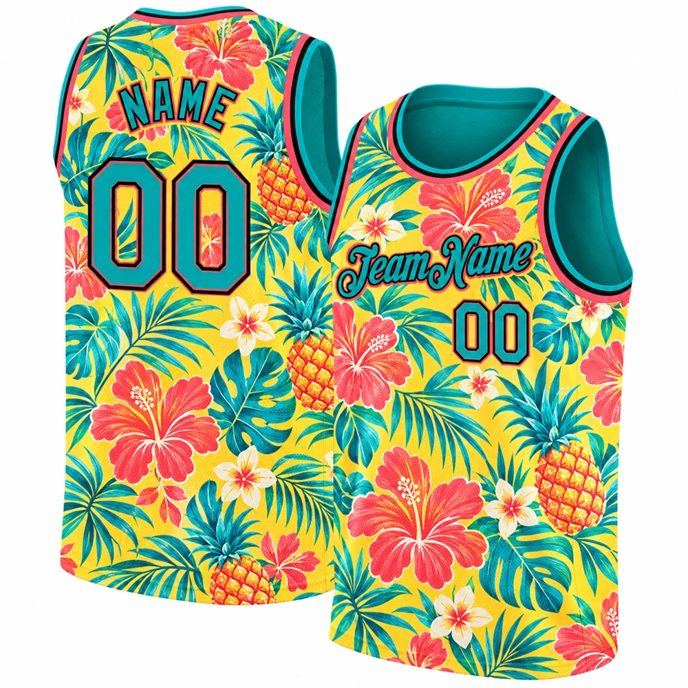 Hawaiian Floral Basketball Jersey Custom Name Number Team Name for Men 3D Print Hibiscus Ocean Waves Surfboard Sleeveless Vest