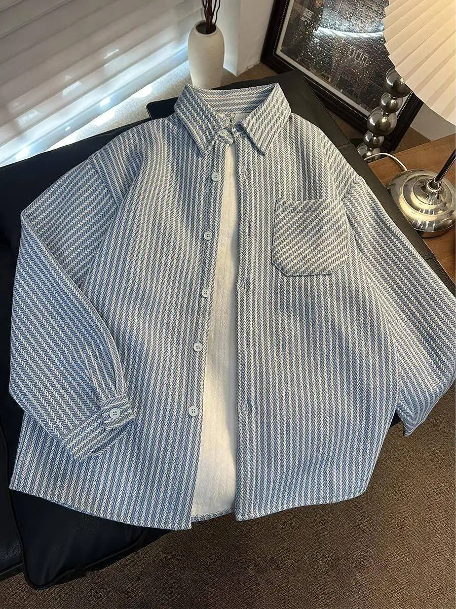 

Men's Casual Stripe Long Sve irt Loose Fit Open Cardigan Collar Outerwear Faionable Autumn Winter Polyester Fiber