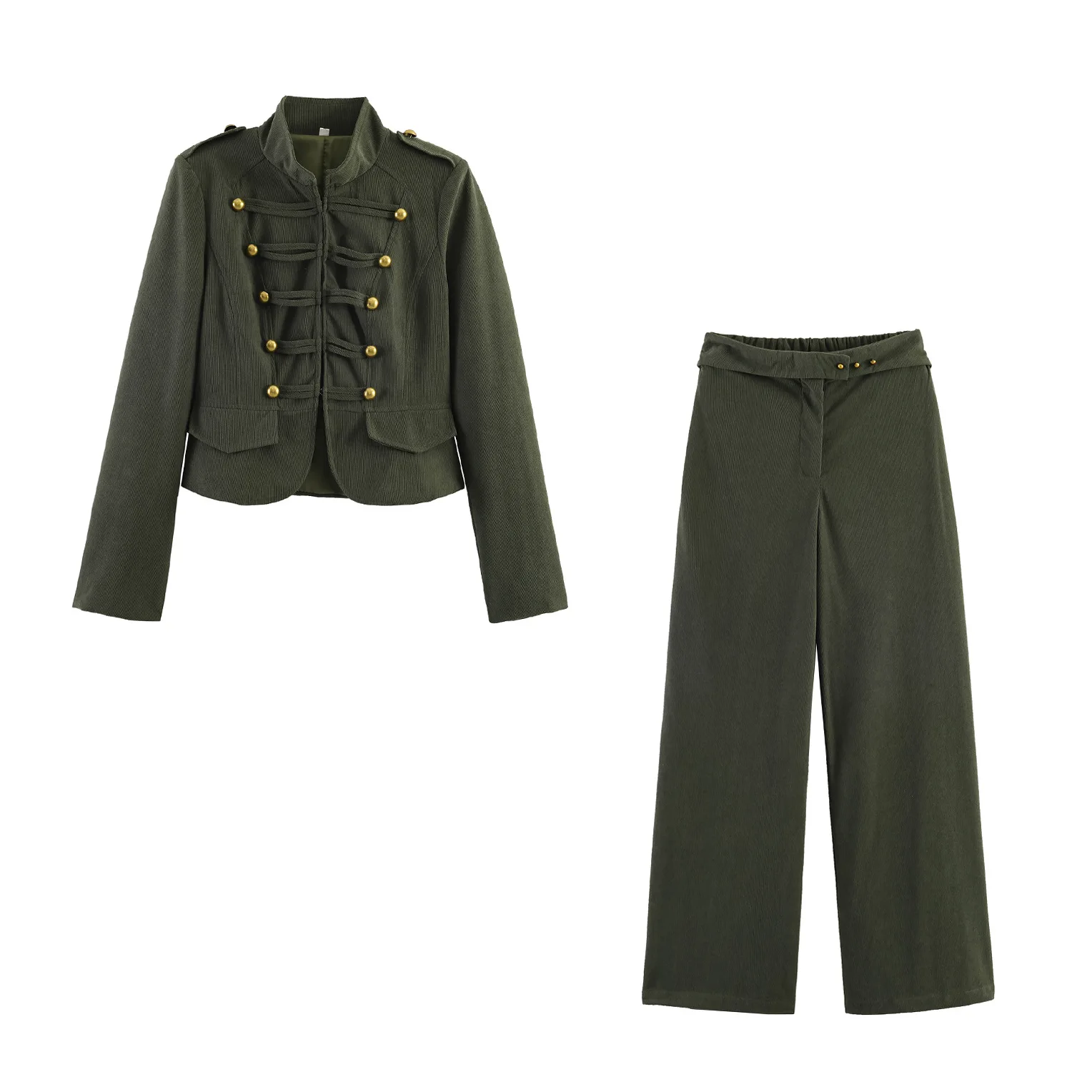 

Withered Retro Dark Green Double Row Metal Button Jacket Wide Leg Pants Set Woman Clothes Pant Sets New Two Piece Set Women's