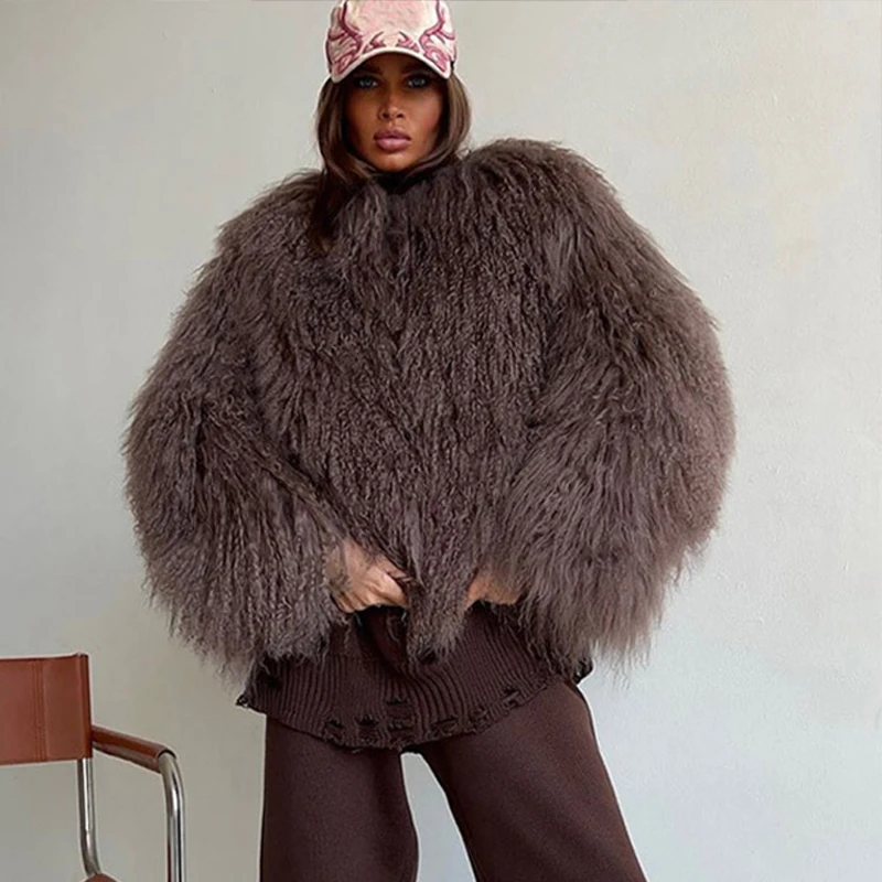 Solid Fluffy Woolen Faux Fur Jacket Women Fashion Turn Down Collar Long Sleeve Loose Coats Lady Winter Daily Street Outwears