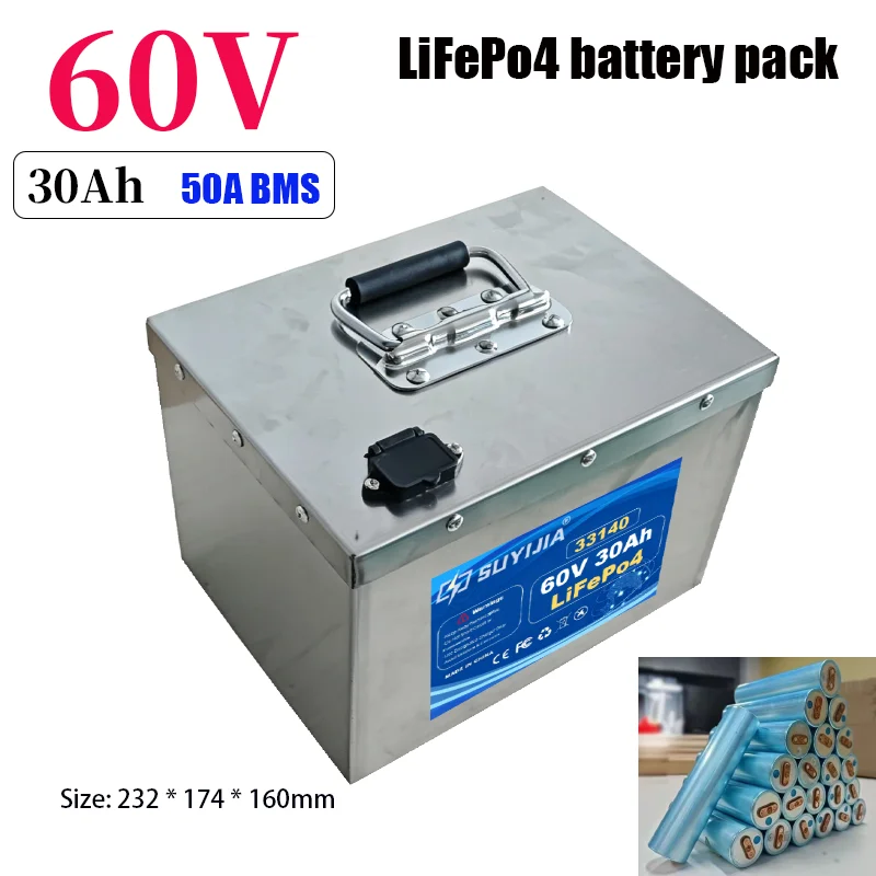 60V 30Ah LiFePO4-Akku für Dreiräder – 50A BMS, Edelstahlgehäuse, hohe Kapazität und hohe Leistung, für Motorroller und Dreiräder