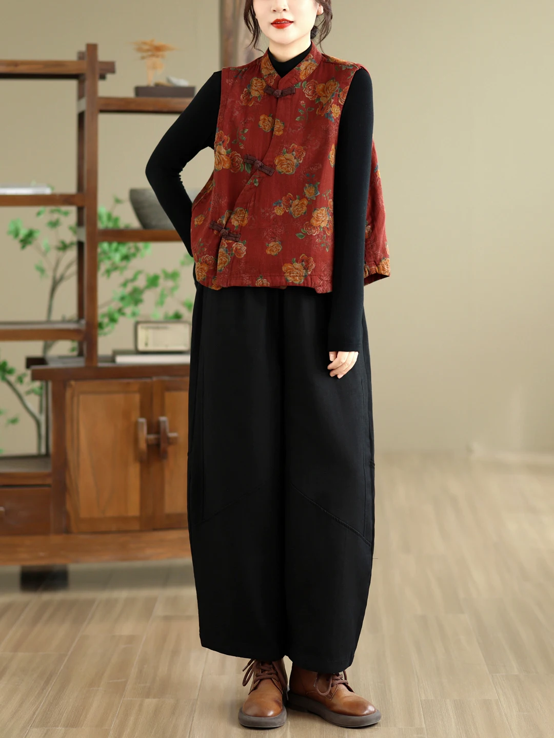 Authentic Chinese Style Floral Print No-Sleeve Jacket Artistic Retro Versatile Top Women's Fashion Outerwear Casual Wear