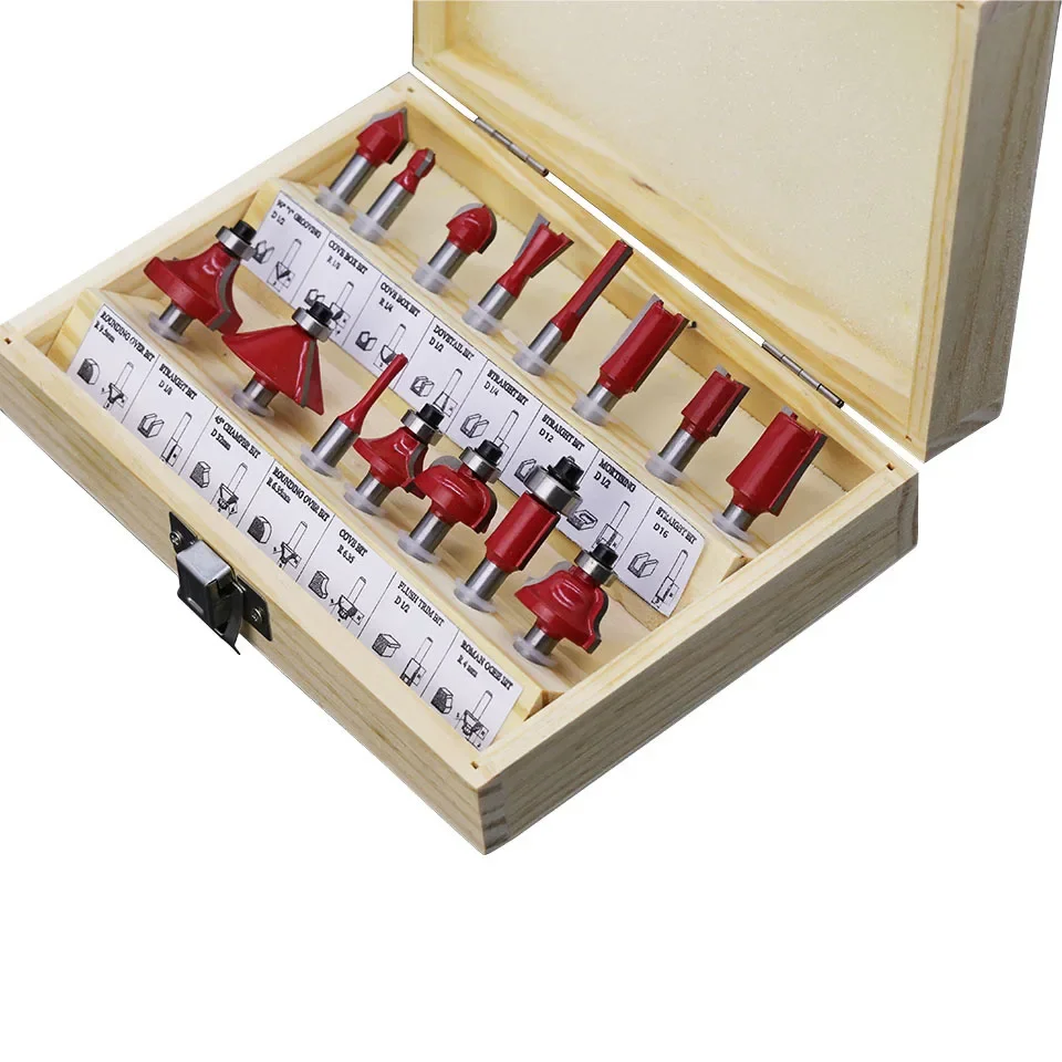 15pcs Router Bit Set Trimming Straight 1/4 Shank Woodworker Milling Cutter for Trimming Machine Wood Bearing Cove Box Bit