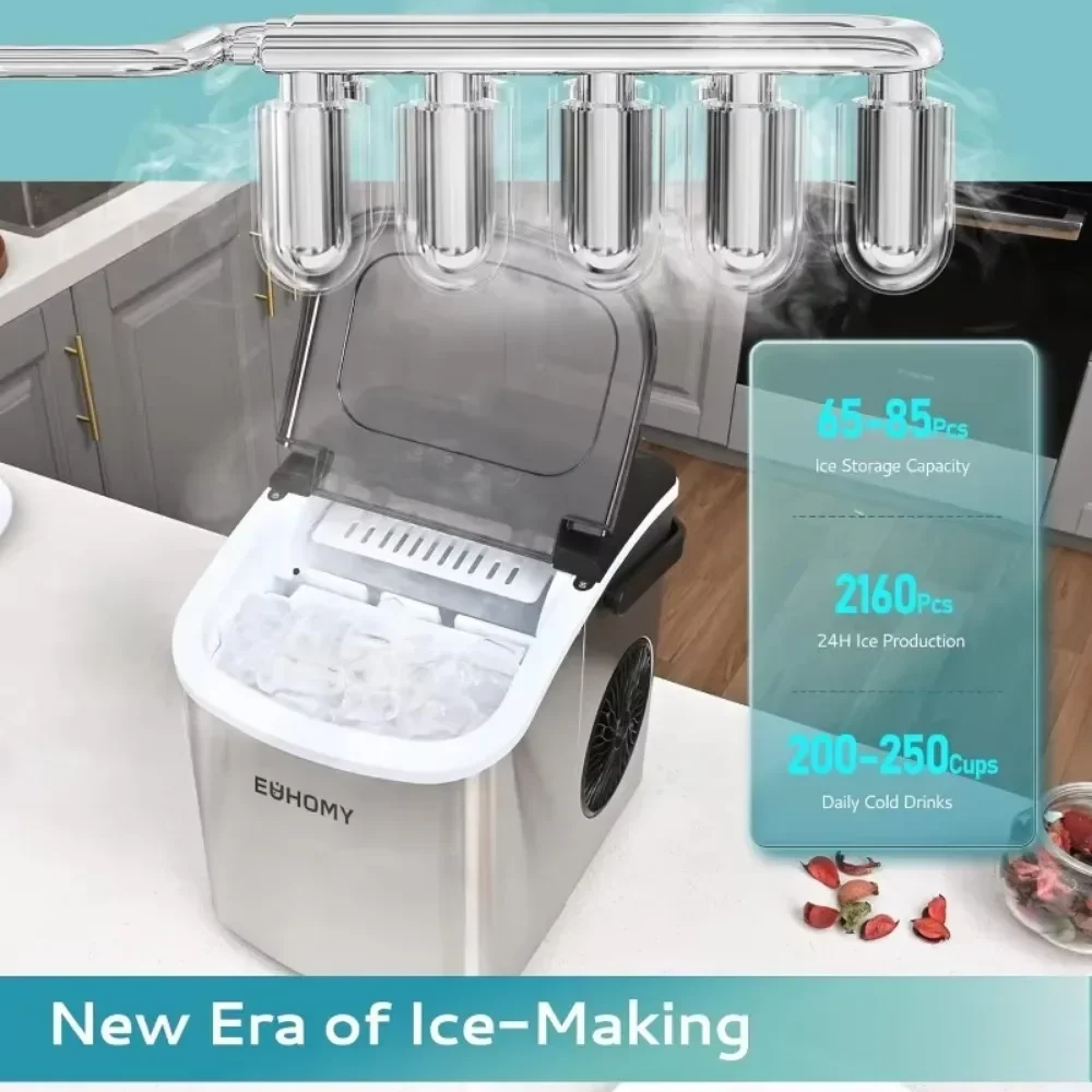 Máquina portátil para hacer hielo de encimera con mango, 26 libras por día, 9 cubitos de hielo listos en 6 minutos, limpieza automática con cesta y cuchara