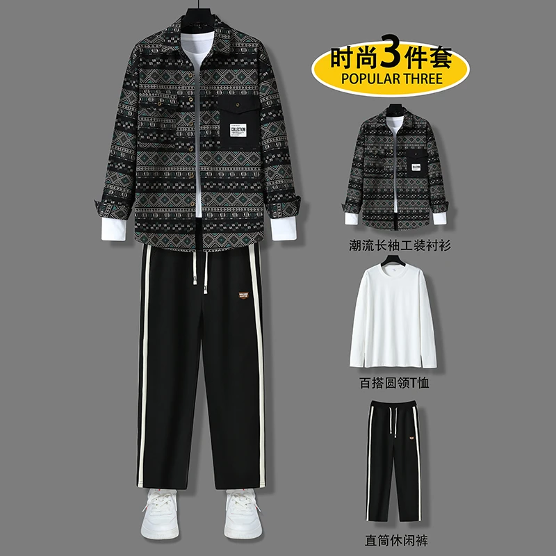 

Spring Autumn Fashion Brand Printed Men's Cardigan Shirts Pants 3-Piece Set Stand Collar Casual Couple Sportswear