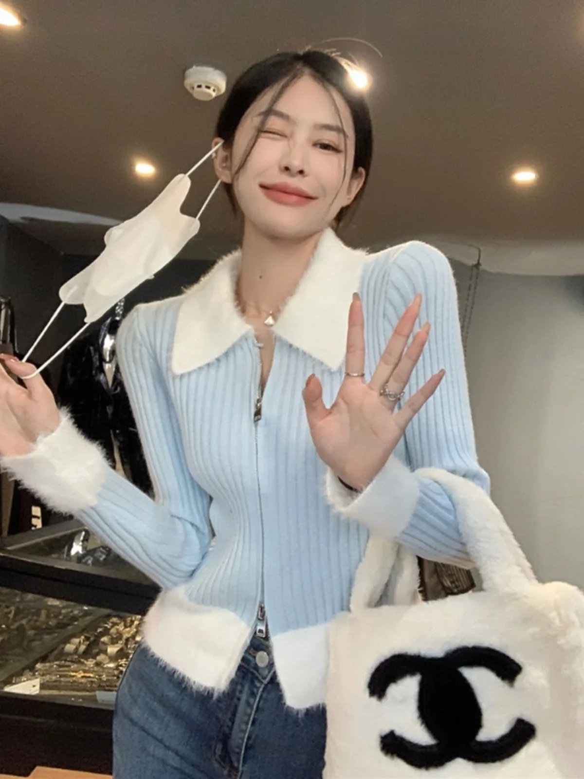 Cárdigan Abierto de Punto con Cuello Alto y Doble Cremallera, Color Rosa, para Mujer, Estilo Dulce, Manga Larga, Ajustado, co...