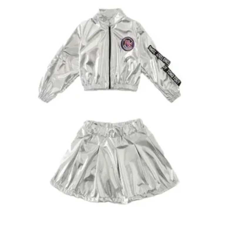 1Set/Lot Boy Girl Hip-Hop Set Silver Color Children Performance Jazz Clothes Dance Costume MN4