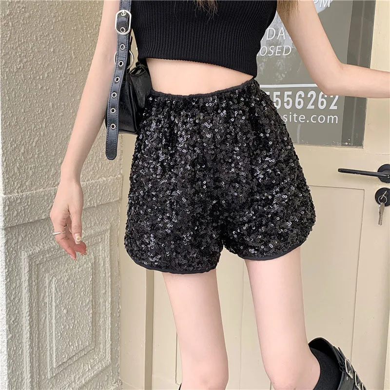 Women Fashion Sequin Black Shorts Summer Streetwear Elastic High Waist Hot Pants Nightclub Party Dance Shiny Sequin Shorts