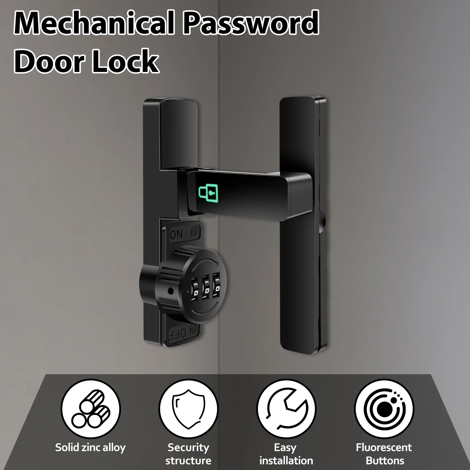 Mechanical Password Door Lock Luminous Security Slide Latch Lock Zinc Alloy 3-Digit Password Keyless for Bedroom Bathroom Garage