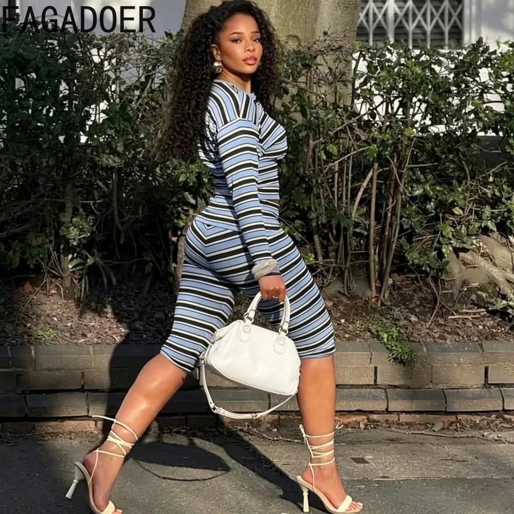 FAGADOER Women Striped Print Two Piece Set Long Sleeve Crop Top High Waist Slim Capri Pants Casual Streetwear Matching Outfit - view 4