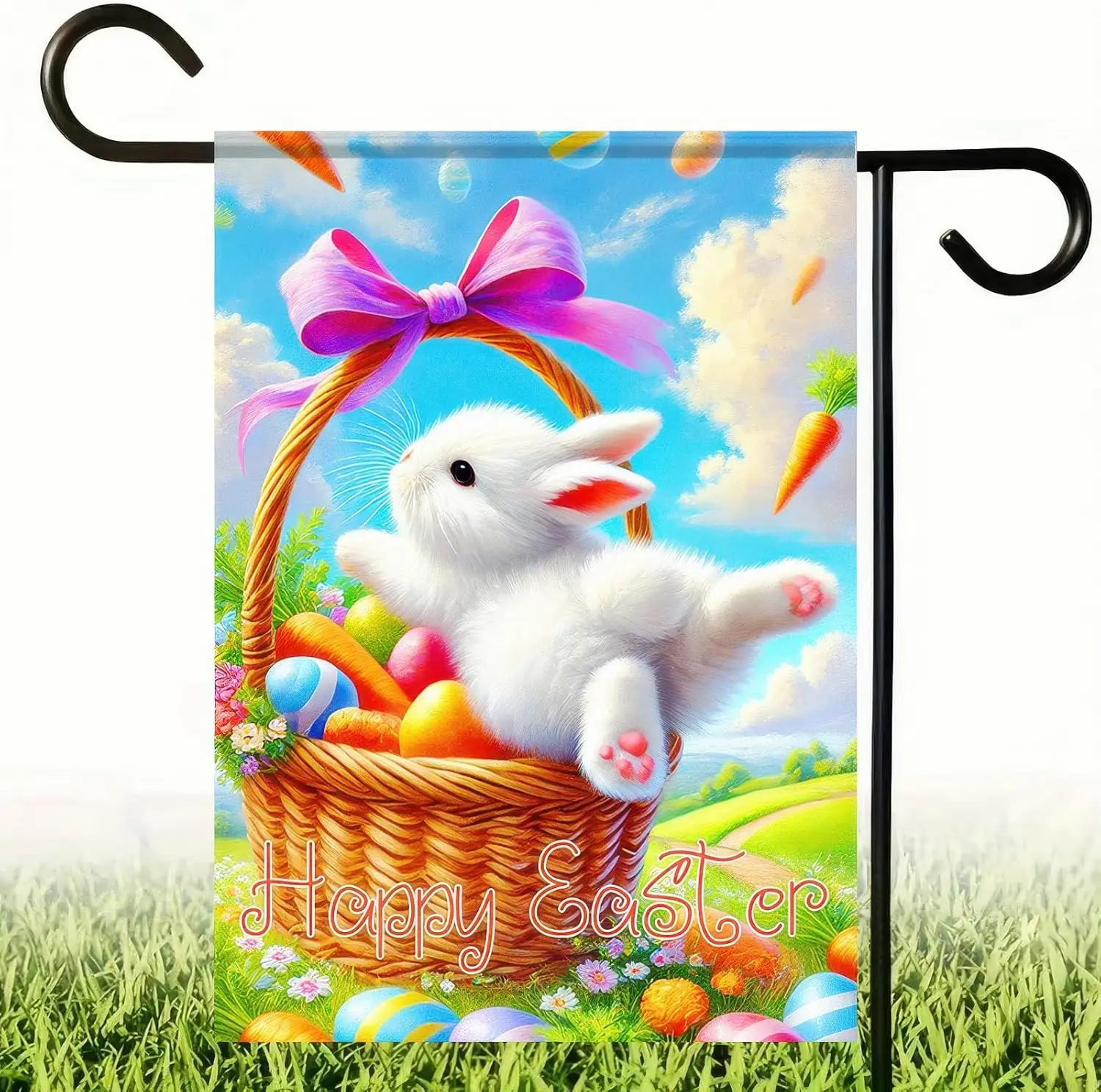 Spring Garden Flag 12x18 Inch Double Sided Bunny with Purple Bow Eggs Happy Easter Decorations Easter Small Flag For Outside SSL