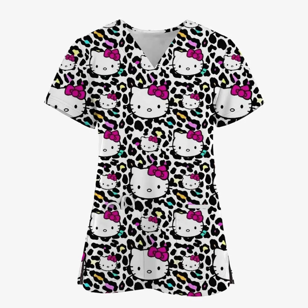 Tops de enfermería con estampado de Hello Kitty, blusa de uniforme de trabajo, uniforme de manga corta con cuello en V, Blusas, ropa de enfermería, Túnica Uni