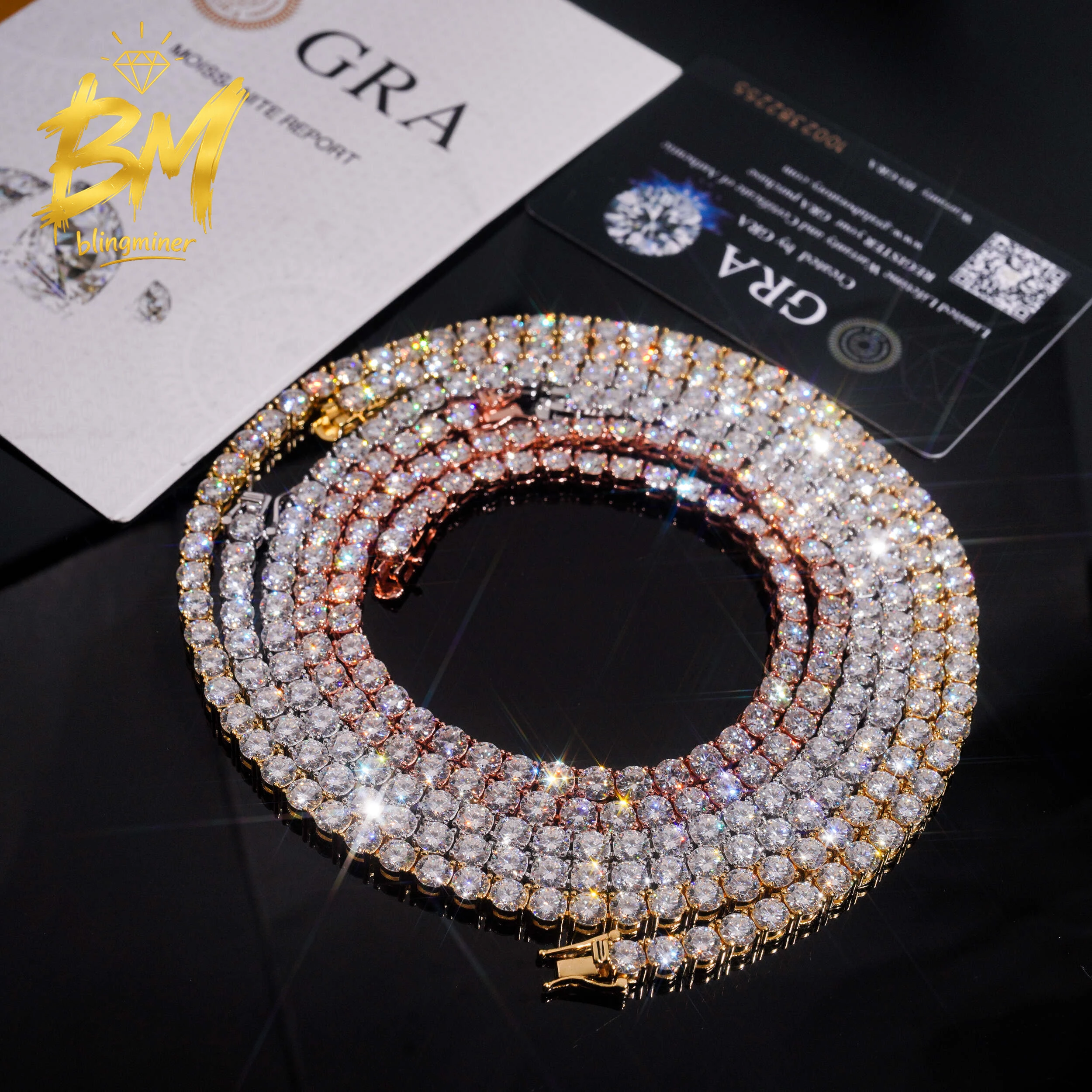 Blingminer 5mm Brass VVS Moissanite Tennis Chain Iced Out Necklaces For Men Pass Diamonds Tester GRA Free Shipping