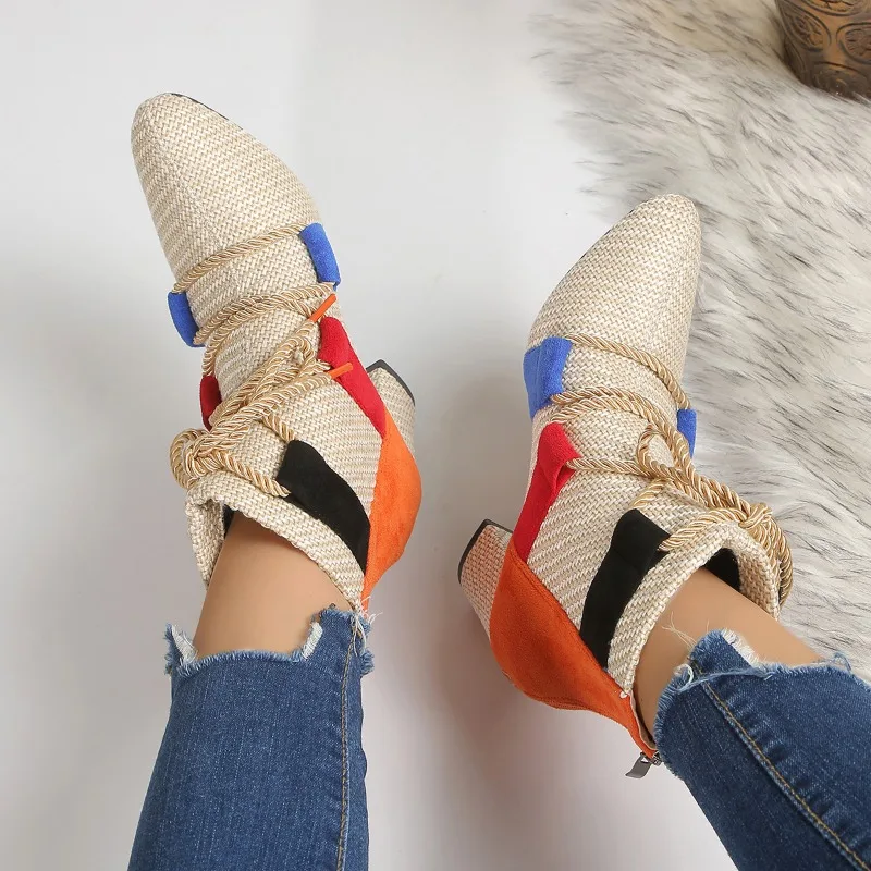 New Large-size Women's Short Boots with Zippers, Suitable for Spring Mid-length Boots Glued Thick Ankle Strap High-heeled Boots