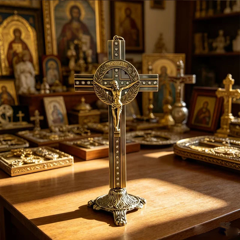 Antikes Bronze-Standkreuz mit Strasssteinen & INRI-Gravur für den Heimaltar, Gebetsdekoration, religiöses Geschenk – Detail 6